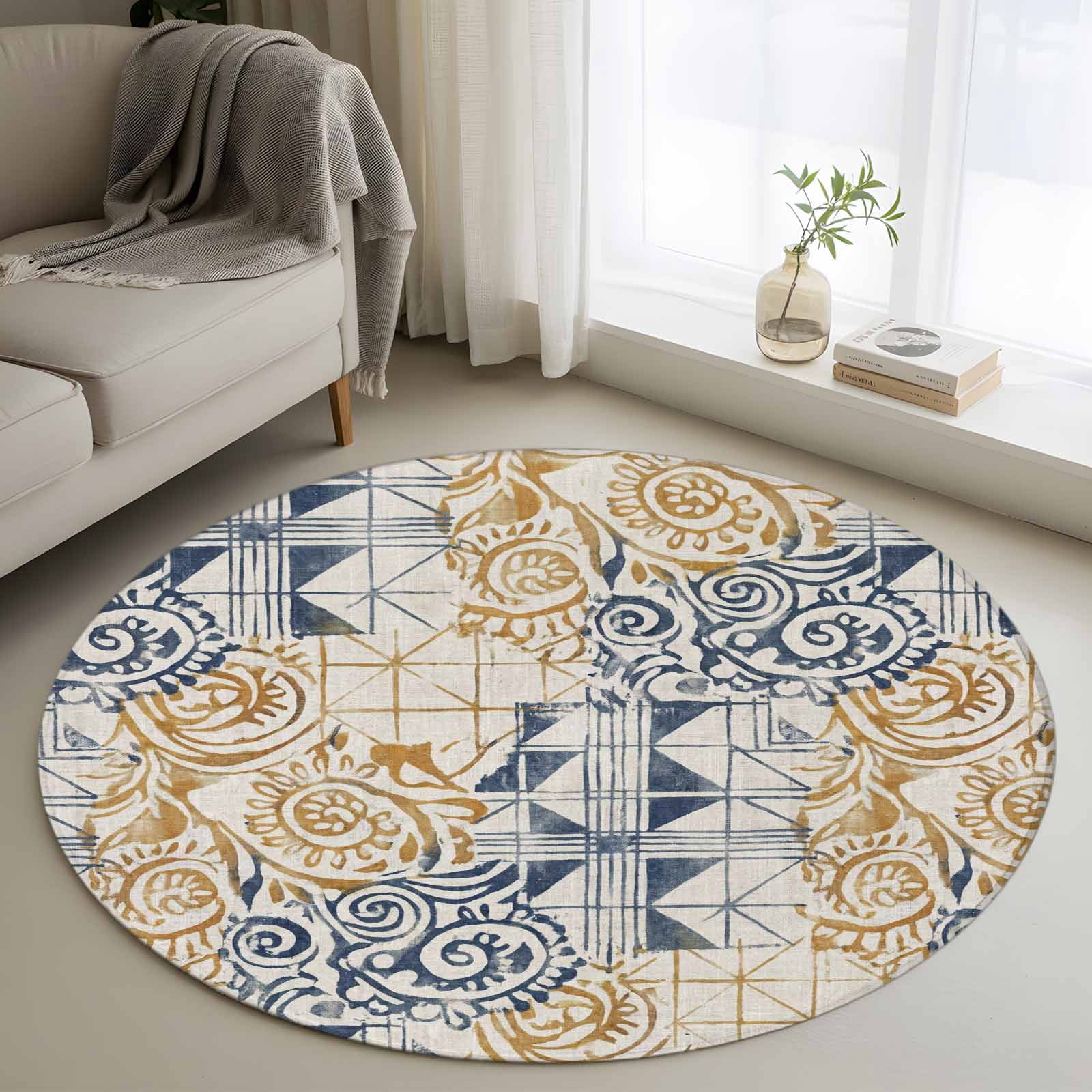 Blue Yellow Swirl Round Rug 3ft Washable Circle Entryway Rugs Non Slip ...