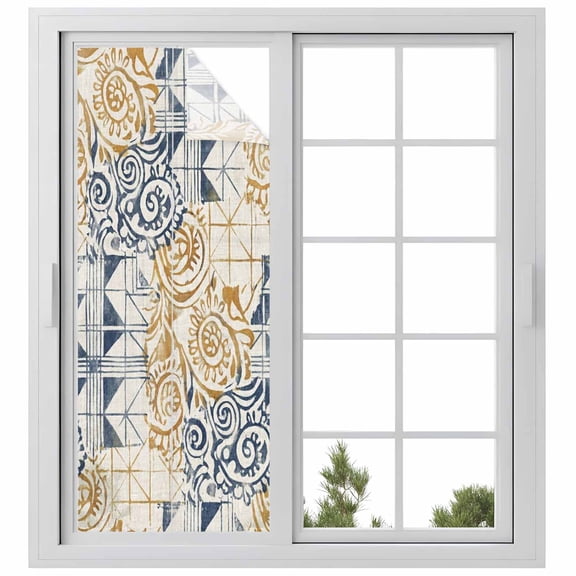 Blue Yellow Swirl Window Privacy Film, Vintage Abstract Geometric Patchwork Static Cling UV Sun Blocking Heat Control Window Tint Day and Night, Non-Adhesive One Way Windows Privacy Cover 23.6''x59''
