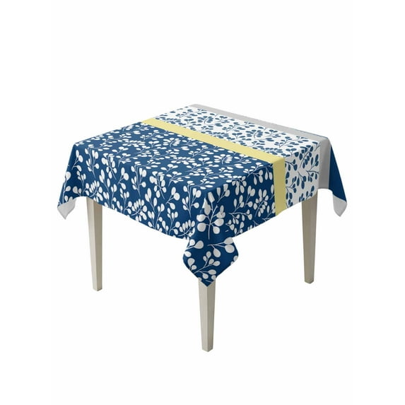 Blue Yellow Table Cloth, Botanical Floral Motifs Wildflower Striped Waterproof Tablecloth for Square Tables, Reusable Washable Fabric Table Cover for Restaurant Kitchen Dining Tables 54"x54"