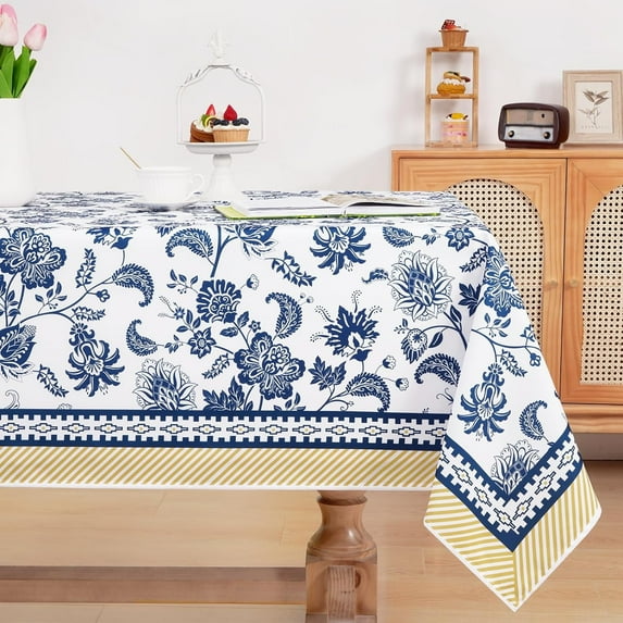 Blue and Yellow Tablecloth, Vintage Blue Floral Table Cloth, Rustic Pastoral Stripe Bordered Tablecloths for Indoor and Outdoor, Spring, Picnic, Dinning Table(Rectangle, 60" x 84")