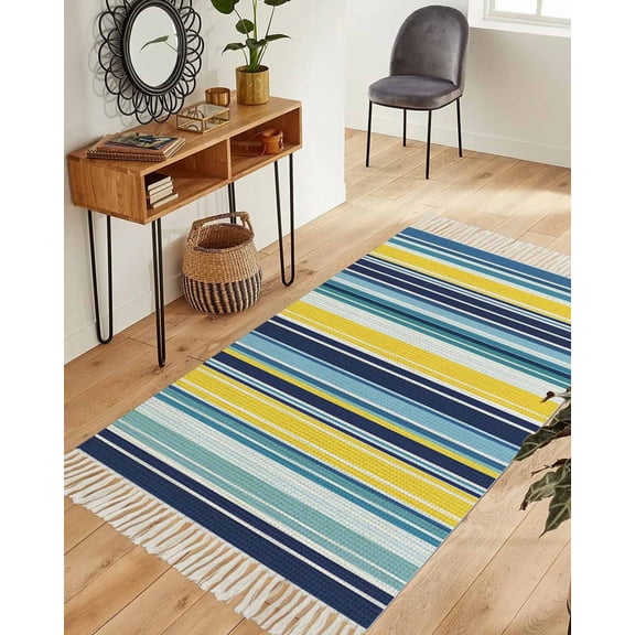 Blue Yellow Teal Stripes Area Rug 3x5ft Woven Runner Rug,Boho Colorful Ombre Texture Washable Living Room Hallway Bedroom Kitchen Carpet with Tassels,Indoor Outdoor Throw Door Mat for Entryway