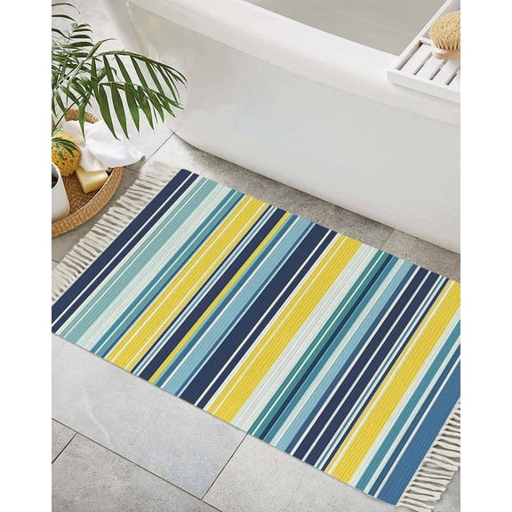 Blue Yellow Teal Stripes Bath Rug 2x3ft Woven Bathroom Entryway Runner Rug,Boho Colorful Ombre Texture Washable Living Room Hallway Bedroom Kitchen Carpet with Tassels,Indoor Outdoor Throw Doormat