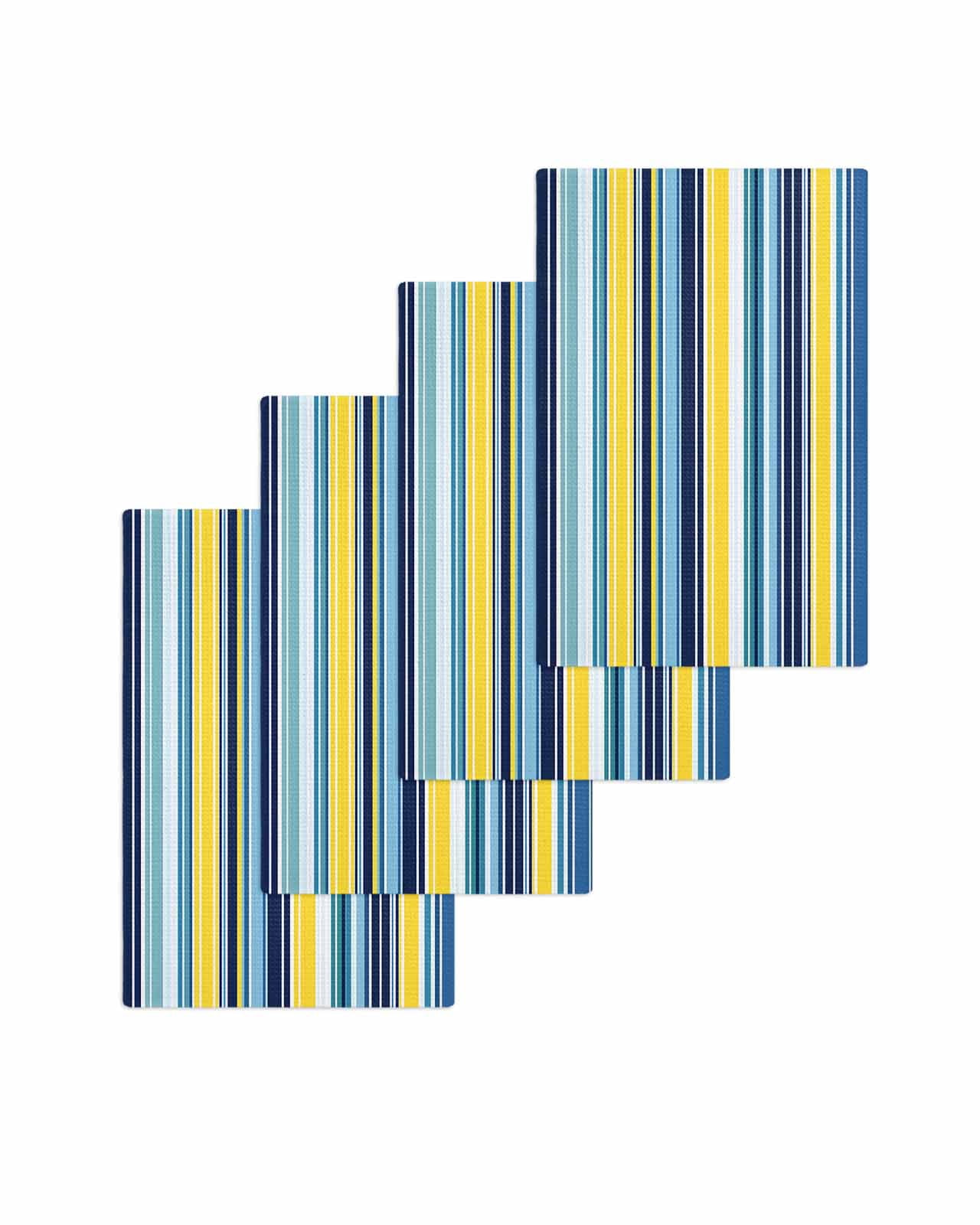 Blue Yellow Teal Stripes Kitchen Dish Towels for Drying Dishes Set of 4, Boho Colorful Ombre Texture Waffle Weave Microfiber Terry Hand Tea Bathroom Towels Quick Dry & Absorbent Towel 15.7x23.6