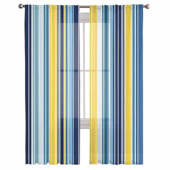 Blue Yellow Teal Stripes Semi Sheer Curtains 108 Inch Length 2 Panels Set, Boho Colorful Ombre Texture Sheer Kitchen Curtain Privacy Voile Window Curtain for Living Room Bedroom Rod Pocket Drapes