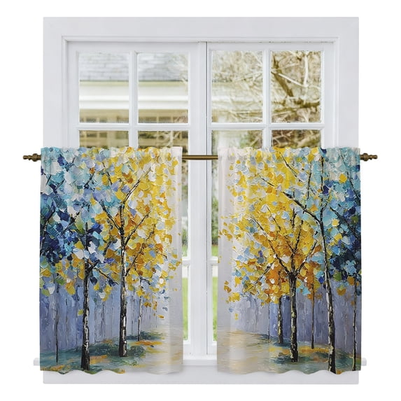 Blue Yellow Tree Kitchen Curtains 54 Inch Length, Forest Foliage Minimalist Art Tiers Curtains for Bathroom Bedroom Cafe, Light Filtering Small Window Treatment Short Tiered Drapes 2 Panels 42"Wx54"L