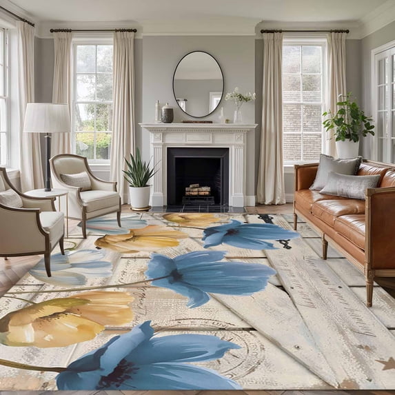 Blue Yellow Tulips Area Rugs 5'x7', Small Throw Rugs for Laundry Room Playroom, Retro Farmhouse Flower Barn Doors Wooden Indoor Outdoor Rug Non-Slip Low Pile Carpet Runner Reversible Floor Mats