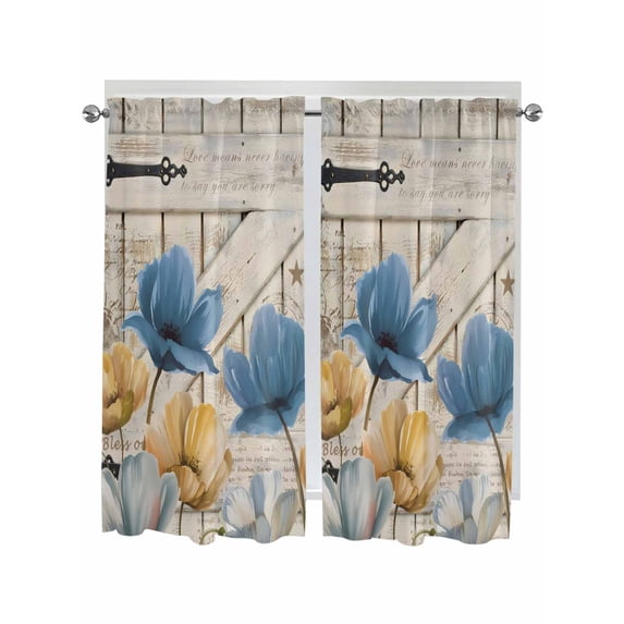 Blue Yellow Tulips Living Room Curtains 2 Panel, Retro Farmhouse Flower Barn Doors Wooden Cafe Window Treatment, Extra Long Farmhouse Bedroom Bathroom Kitchen Curtains Drapes 104"x72"