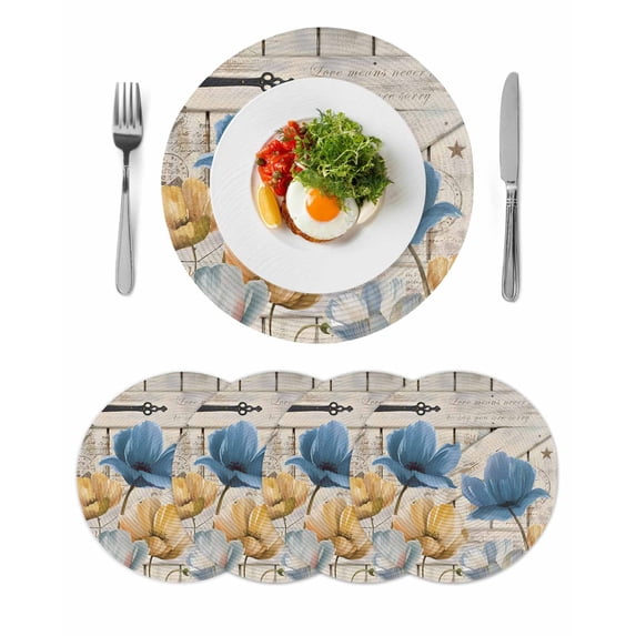 Blue Yellow Tulips Round 13 Inch Placemats Set of 4, Retro Farmhouse Flower Barn Doors Wooden HeatResistant Non Slip Place Mats for Dining Table, Wipeable Braided Kitchen Table Mats for Housewarming