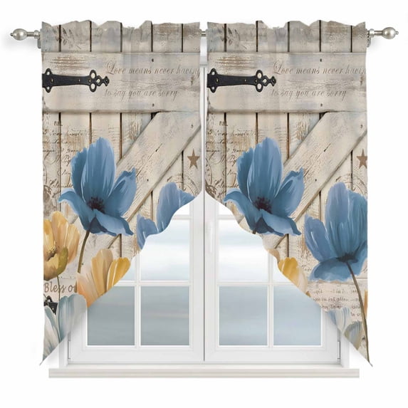Blue Yellow Tulips Swag Curtains for Kitchen/Bedroom/Living Room, Retro Farmhouse Flower Barn Doors Wooden Scalloped Curtains 63 Inch Long, Window Swag Topper Curtains Valances 2 Panels Set 36"x63"