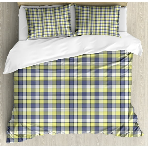 Blue Yellow Vintage Duvet Cover Set, Geometric Pattern with Diagonal Striped Squares Checkered, Decorative 3 Piece Bedding Set with 2 Pillow Shams, King Size, Ceil Blue Pastel Yellow, by Ambesonne