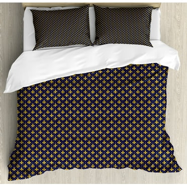 Blue Yellow Vintage Duvet Cover Set, Monochromatic Pattern with Repetitive Fleur de Lis, Decorative 3 Piece Bedding Set with 2 Pillow Shams, Calking Size, Night Blue and Earth Yellow, by Ambesonne