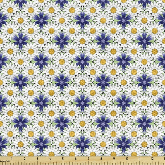Ambesonne Blue Yellow Vintage Fabric by the Yard Upholstery, Abstract Daisy, 1 Yard, Multicolor