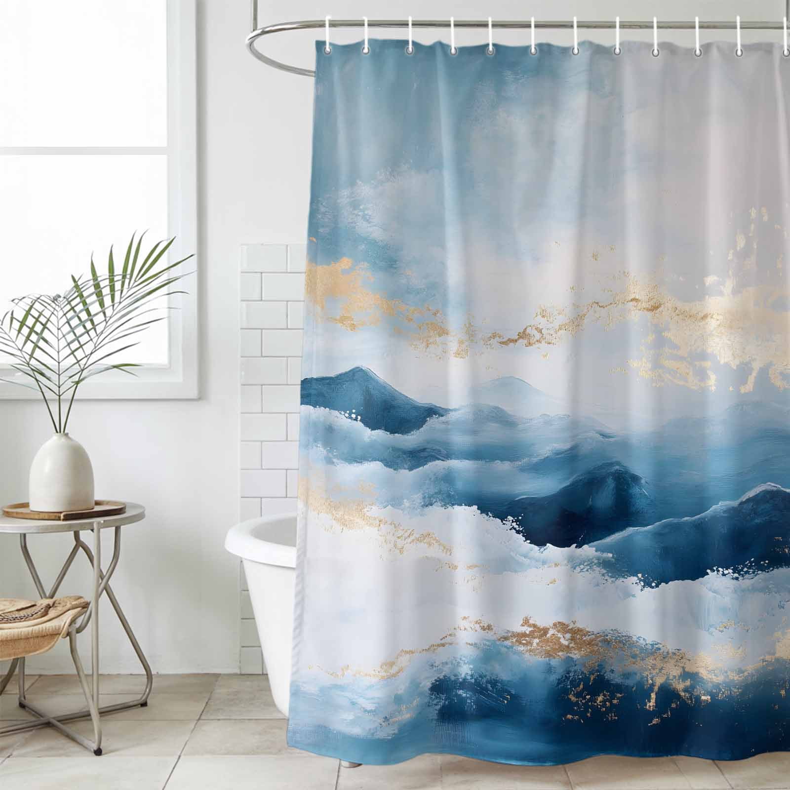 Blue Yellow Waterproof Fabric Shower Curtain,Modern Ombre Abstract Oil