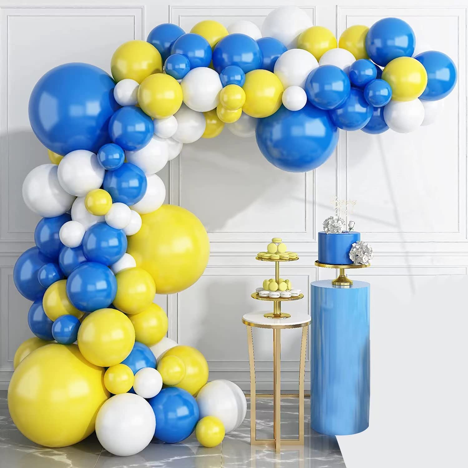 Blue Yellow White Balloon Garland & Arch Kit， Latex Balloons, 16 Feets