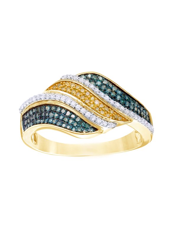 Blue, Yellow & White Natural Diamond Waves Ring in 10k Yellow Gold