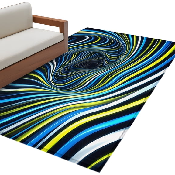 Blue Yellow White Spiral Area Rug 4x6 Washable Rug Non Slip Neon Lines Abstract Cyber Large Area Rug Indoor Floor Carpet for Entryway Bedroom Kitchen Living Room Home Office Dining Room Nursery