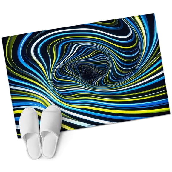 Blue Yellow White Spiral Bathroom Rug Washable 2x3 Entryway Rug Non Slip Neon Lines Abstract Cyber Front Door Mat Low Pile Indoor Doormat Throw Floor Carpet for Kitchen Bedroom Entrance