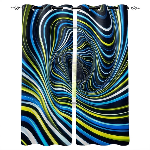 Blue Yellow White Spiral Blackout Curtains for Bedroom/Living Room, Thermal Insulated Kitchen Curtains, Neon Lines Abstract Cyber Grommet Darkening Window Treatment Drapes 27.5"x39"x2