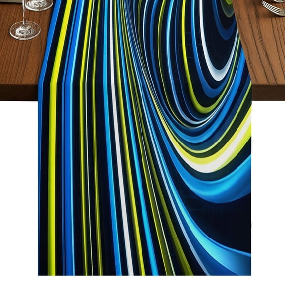 Blue Yellow White Spiral Burlap Cotton Table Runner 13x36 Inches Short, Neon Lines Abstract Cyber Farmhouse Table Runners, Outdoor Dining Table Decor for Baby Shower/Party/Wedding