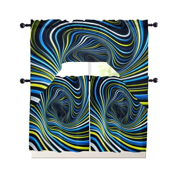 Blue Yellow White Spiral Kitchen Curtains Sets 36 Inch Length with Valance, Neon Lines Abstract Cyber Swag Valances and Tiers Curtain Set Drapes Swag Curtains for Living Room, Bathroom, Bedroom, Cafe