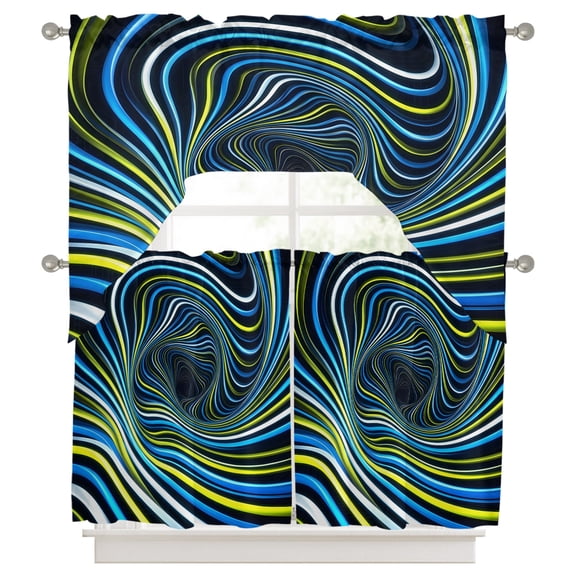 Blue Yellow White Spiral Kitchen Curtains Swag Valance and Tier Curtains Set 24 Inch Length, Neon Lines Abstract Cyber Rod Pocket Drape Panels Pair Swag Curtains for Bathroom/Cafe/Window