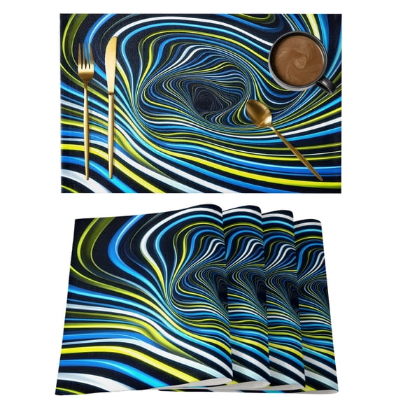 Blue Yellow White Spiral Placemats Set of 4 Neon Lines Abstract Cyber Place Mats Indoor Wipeable Table Mats Washable Cloth Dining Table Placemats for Kitchen Holiday Party Home Decor 13x19 Inch