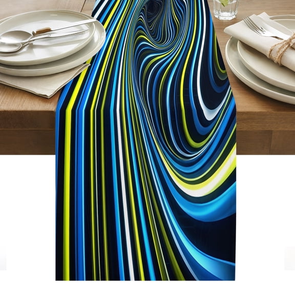 Blue Yellow White Spiral Table Runner Neon Lines Abstract Cyber Tablerunners 13 x 60 Inch, Table Decorations Tabletop Scarf for Summer Gathering Holiday Farmhouse Kitchen Dining Decor