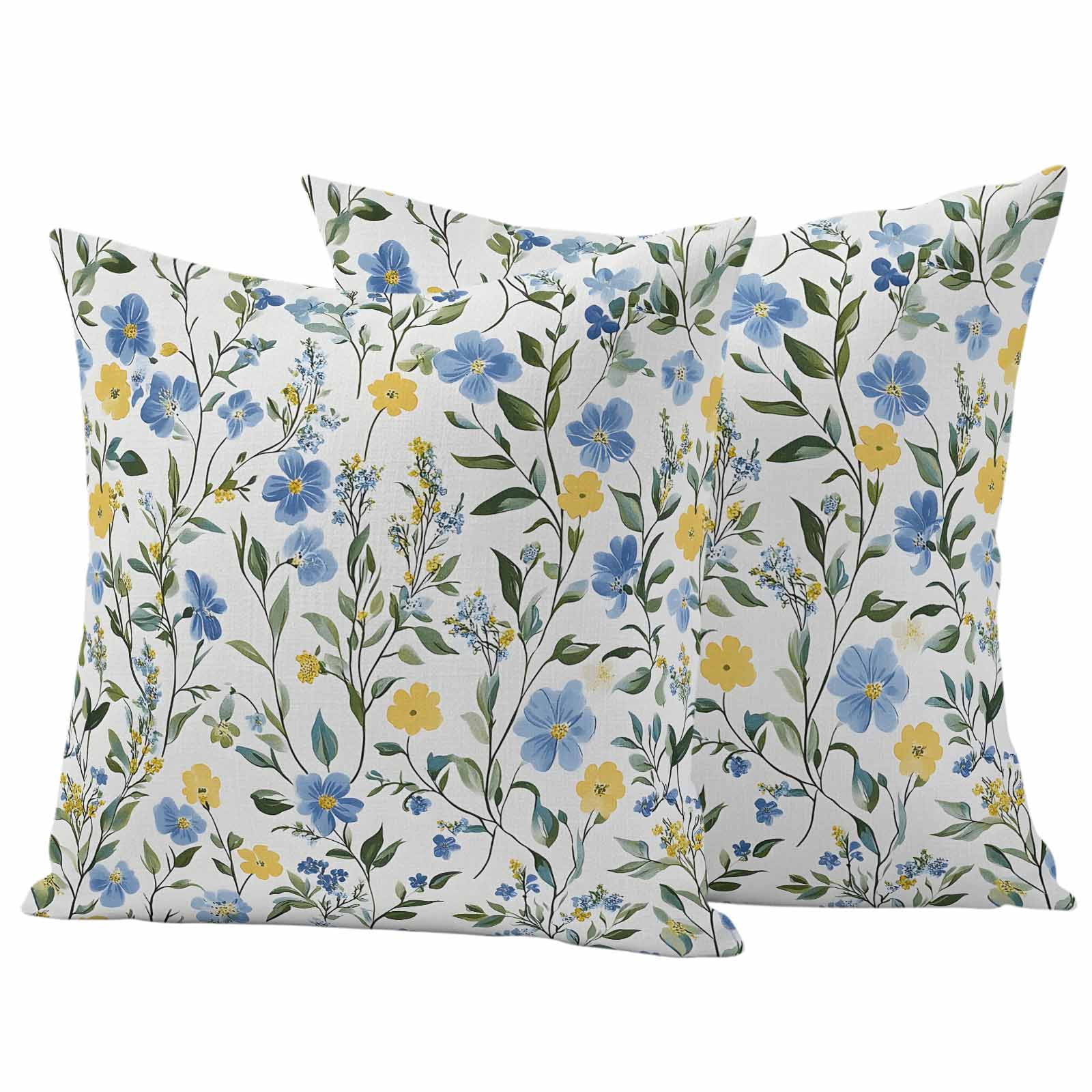 Blue Yellow Wildflower Pillow Covers 2 Pack Spring Plant Pillowcase Waterproof Outdoor Throw Pillow Cover for Patio Garden Square Cushion 24”x24”