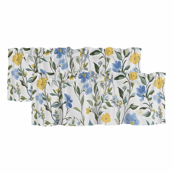 Blue Yellow Wildflower Window Valance, Spring Plant 2 Pack Decorative Curtain for Small Windows, Light Filtering Valance with 3” Rod Pocket, 42"W x 12"L