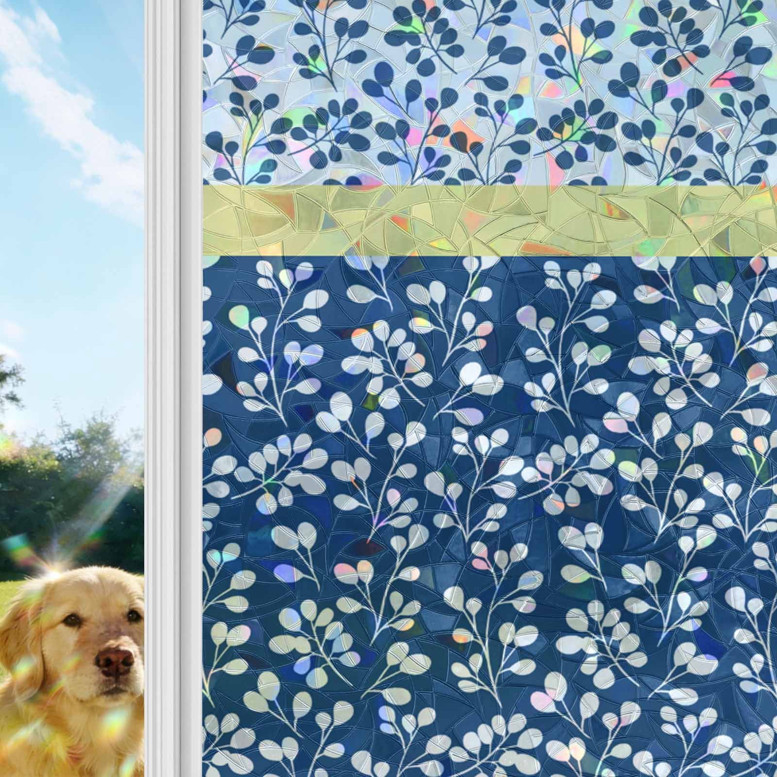 Blue Yellow Window Privacy Film Stain Glass,Reusable Decorative Rainbow Window Film,Botanical Floral Motifs Wildflower Striped Static Cling Sun Blocking Stickers Decals Covers 29.5" x 78.7" (2pcs)