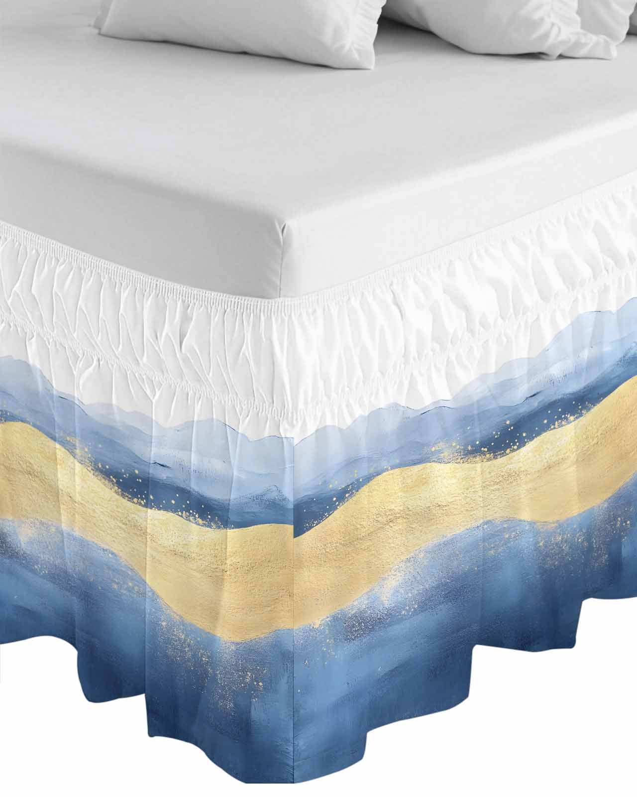 Blue Yellow Wrap Around Bed Skirts for Queen Bed 16" Drop, Bed Skirt with Adjustable Elastic Belt Dust Ruffle Bed Valance for Bedroom Hotel Luxury Modern Abstract Art Waves Bed Frame Cover