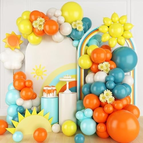 Blue Yellow and Orange Balloon Arch Garland Kit with Dusty Blue Teal Sand White Latex Balloons For Boho Sun Boy Birthday Son Baby Shower Decorations