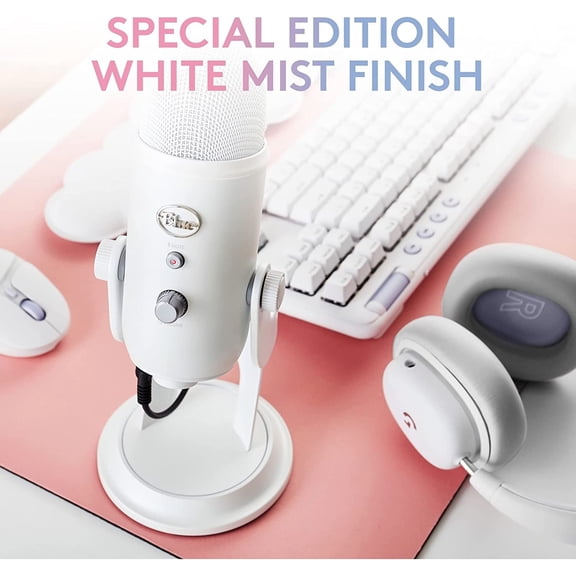 Blue Yeti Premium USB Gaming Microphone - White Mist, Customizable LIGHTSYNC RGB, Bluetooth, 3.5mm Connector, Studio-Quality Sound for Streaming & Podcasting