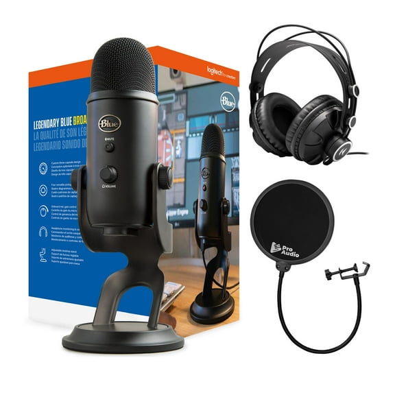 Blue Yeti USB Microphone (Blackout) Bundle with FocusPro Audio Headphones and Pop Filter (3 Items)