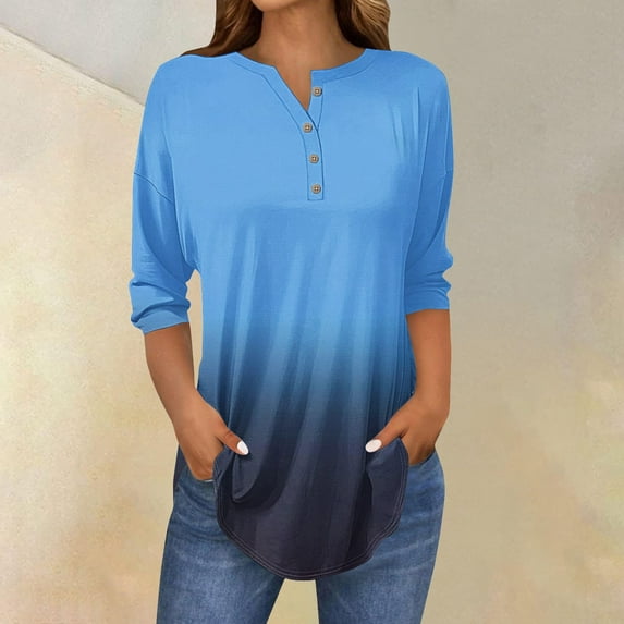 Blue Young Adult Tops 3/4 Length Sleeve Womens Tops 2025 Spring Neck Casual Print Tunic T Shirts Three Quarter Length Womens Tops Plus Size Tops for Women