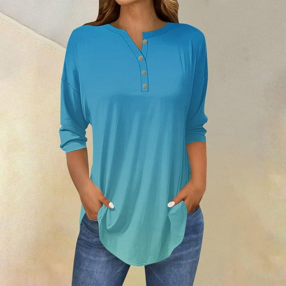 Blue Young Adult Tops 3/4 Length Sleeve Womens Tops 2025 Spring Neck Casual Print Tunic T Shirts Three Quarter Length Womens Tops Plus Size Tops for Women