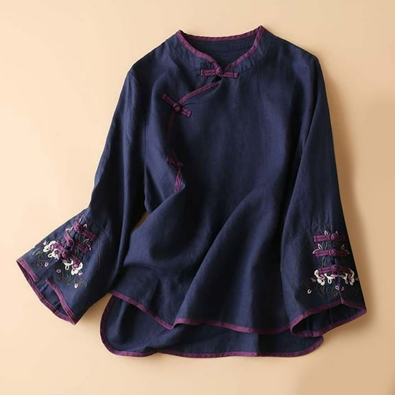 Blue Young Adult Tops Chinese Traditional Suit Blouse Women Embroidery Cotton Linen Bell Long Sleeve Shirts Frog Button Tops Cheongsam Plus Size Tops for Women