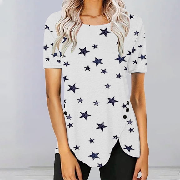 Blue Young Adult Tops Ladies' Summer Printed Fashionable Casual Round Neck Short Sleeved Irregular Going Out Tops for Women