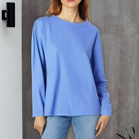 Blue Young Adult Tops Long Sleeve Shirts for Women Casual Crew Neck Tops Fall Fashion 2025 Fitted Basic Tee Tunic Tops Pullover Plus Size Tops for Women