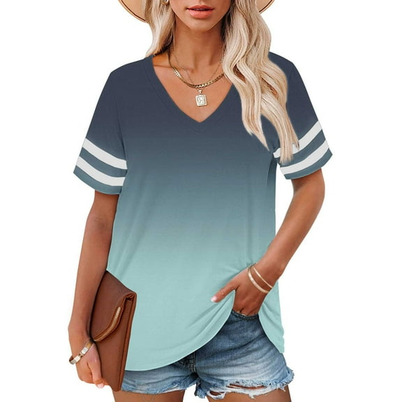 Blue Young Adult Tops Plus Size V Neck T Shirts Women Short Sleeve Tops Casual Summer Tshirts Loose Fit Tee Going Out Tops for Women