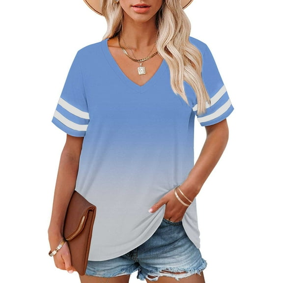 Blue Young Adult Tops Plus Size V Neck T Shirts Women Short Sleeve Tops Casual Summer Tshirts Loose Fit Tee Going Out Tops for Women
