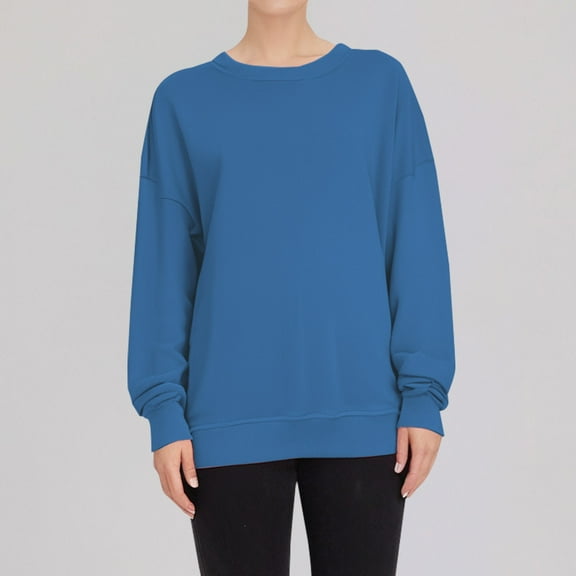 Blue Young Adult Tops Woman's Casual Fashion Long Sleeve Solid Color Round Collar Hoodie Tops Plus Size Tops for Women