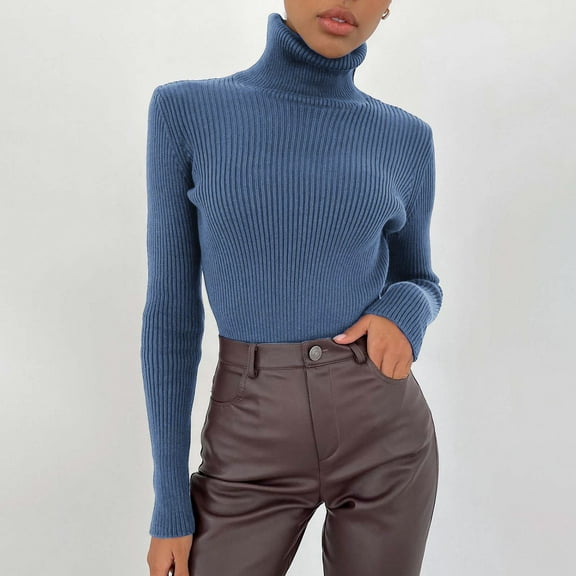 Blue Young Adult Tops Women Soft Sweater Slim Fit Lightweight Long Sleeve Turtleneck Tops Undershirt Knitted Warm Fitted Fashion Pullover Sweater Plus Size Tops for Women