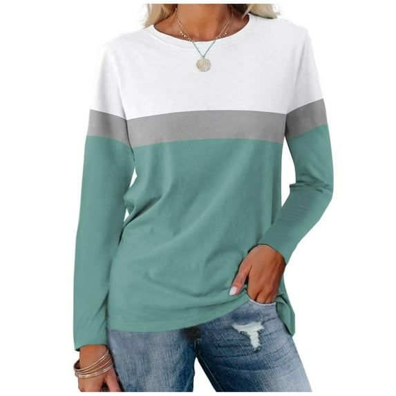 Blue Young Adult Tops Women's Color Block Tunic Tops Casual Long Sleeve Shirts Round Neck Pullover Plus Size Tops for Women