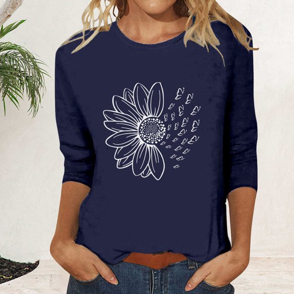 Blue Young Adult Tops Women's Crew Neck Printed Seven Quarter Sleeve Casual T Shirt Top Going Out Tops for Women