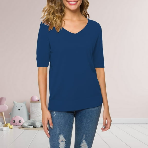 Blue Young Adult Tops Women's Short Sleeves Sweaters V Neck Soft Pullover Top Going Out Tops for Women
