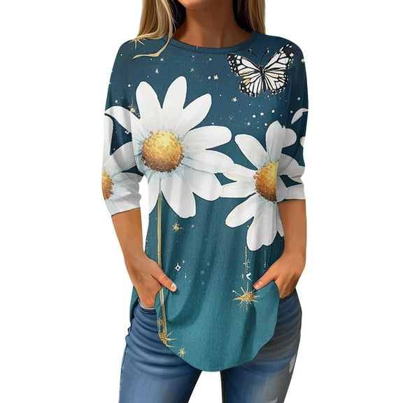 Blue Young Adult Tops Women's Spring/Summer Flower Print Round Neck 3/4 Sleeve T Shirt Base Shirt Top Long Sleeve T Shirt Plus Size Tops for Women
