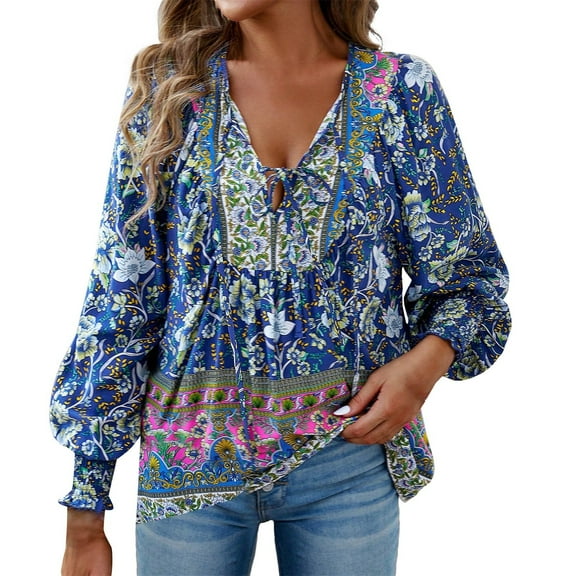 Blue Young Adult Tops Women's V-Neck Tie Casual Printed Fashion Casual Shirt Long Sleeve Top Plus Size Tops for Women