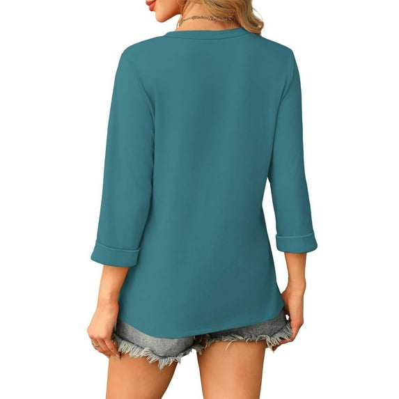 Blue Young Adult Tops Womens Tops 3/4 Length Sleeve V Neck Casual Tunic Tops Basic Shirts Loose Fit Blouse Going Out Tops for Women