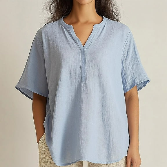 Blue Young Adult Tops Womens V Neck Linen Shirts Summer Casual Roll Up Long Sleeve Work Tunic Tops Loose Fit Oversized Blouses Going Out Tops for Women